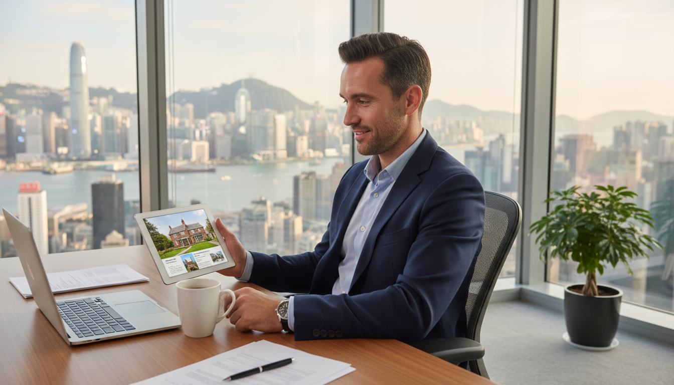 A professional expat sitting in a modern glass-walled office in a global financial hub like Hong Kong, reviewing UK property brochures on a tablet with a cup of coffee, looking relaxed and focused.