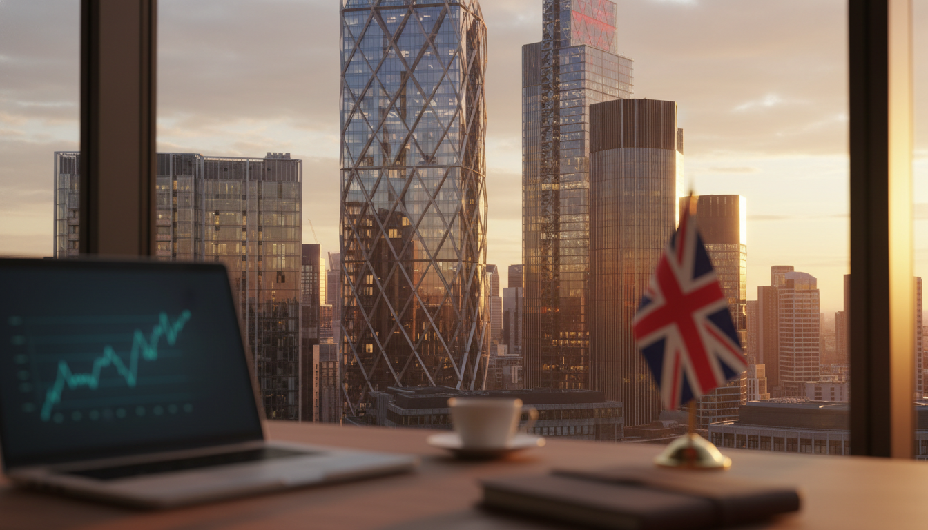 A professional, high-quality photograph of a modern glass office building in the City of London at sunset, with a blurred foreground of a wooden desk featuring a laptop and a British flag desk ornament, representing international business growth.
