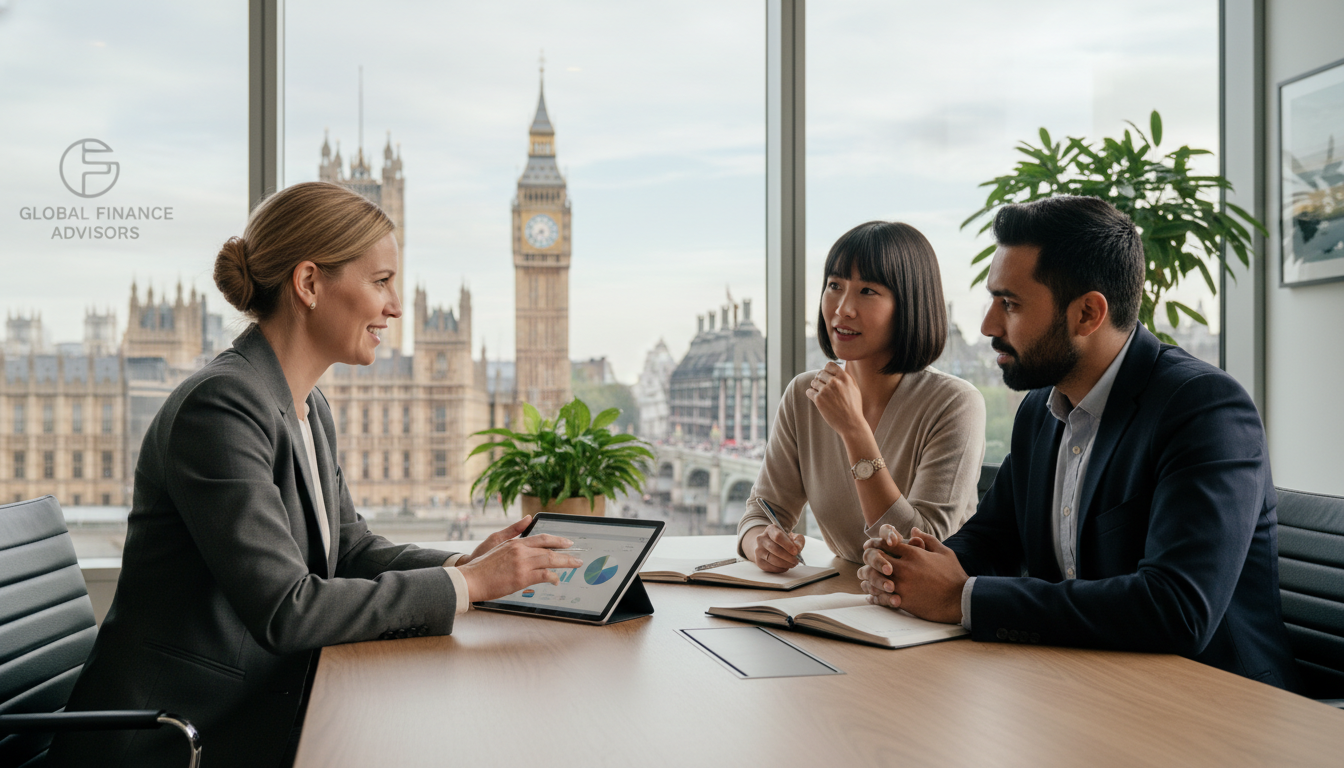A professional financial consultant sitting across a wooden table from a diverse expat couple in a modern London office with the Big Ben visible through the window, photorealistic style, soft natural lighting
