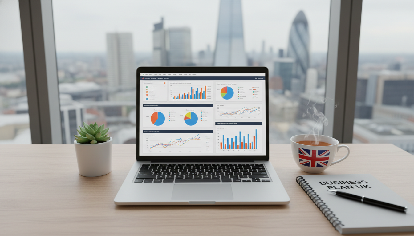 A professional overhead shot of a clean, modern desk in a British office, featuring a laptop displaying a financial dashboard, a cup of tea, a notebook with the words 'Business Plan UK', and a blurred London skyline in the background through a window.