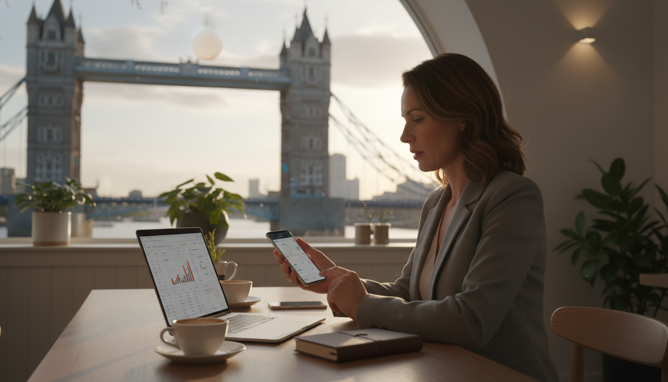 A professional expat entrepreneur sitting in a bright, modern London cafe, using a sleek laptop and a smartphone to manage business finances, with a view of the Tower Bridge visible through the window in a soft blur.