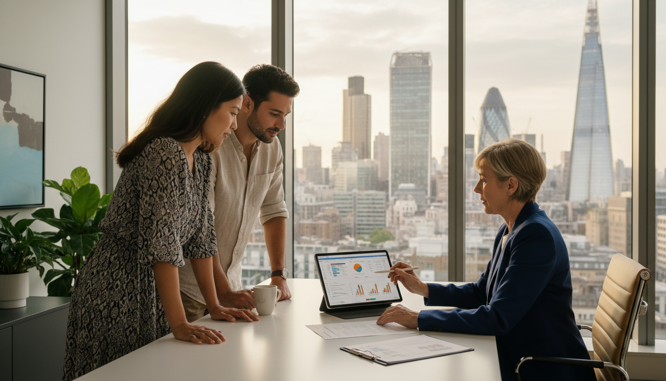 A professional tax advisor sitting in a modern London office with a view of the City skyline, reviewing complex financial documents with a relaxed expat couple, high-quality photography, soft lighting, professional atmosphere.