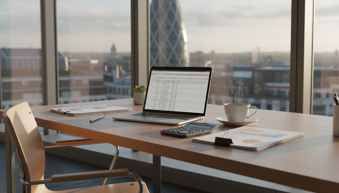 A high-quality, professional photograph of a modern office desk in London with a view of the Gherkin building in the background, featuring a laptop, a calculator, a cup of tea, and neatly organized financial documents, soft morning sunlight.