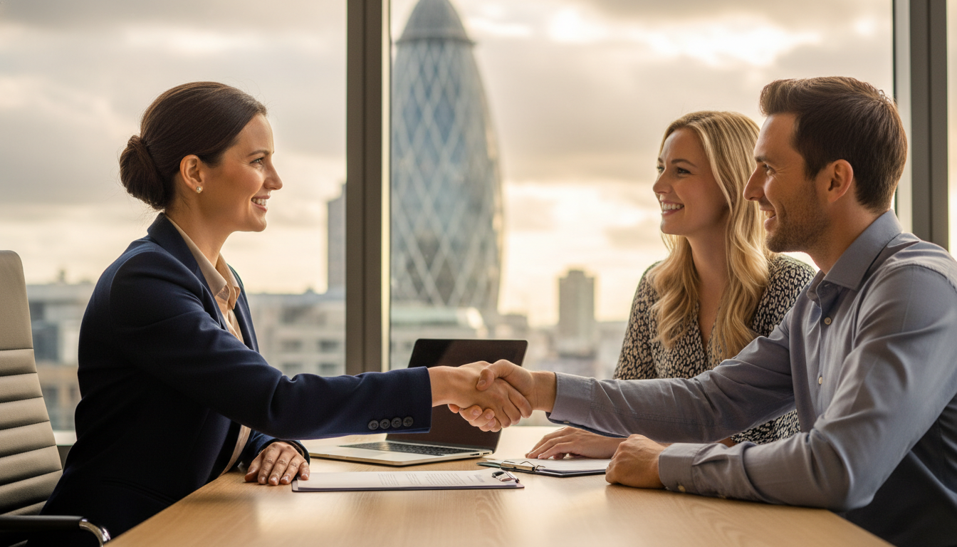 A professional female immigration lawyer sitting at a desk in a bright, modern London office, shaking hands with a smiling expat couple, with a view of the Gherkin building through the window in a soft bokeh background, high-resolution photography style.