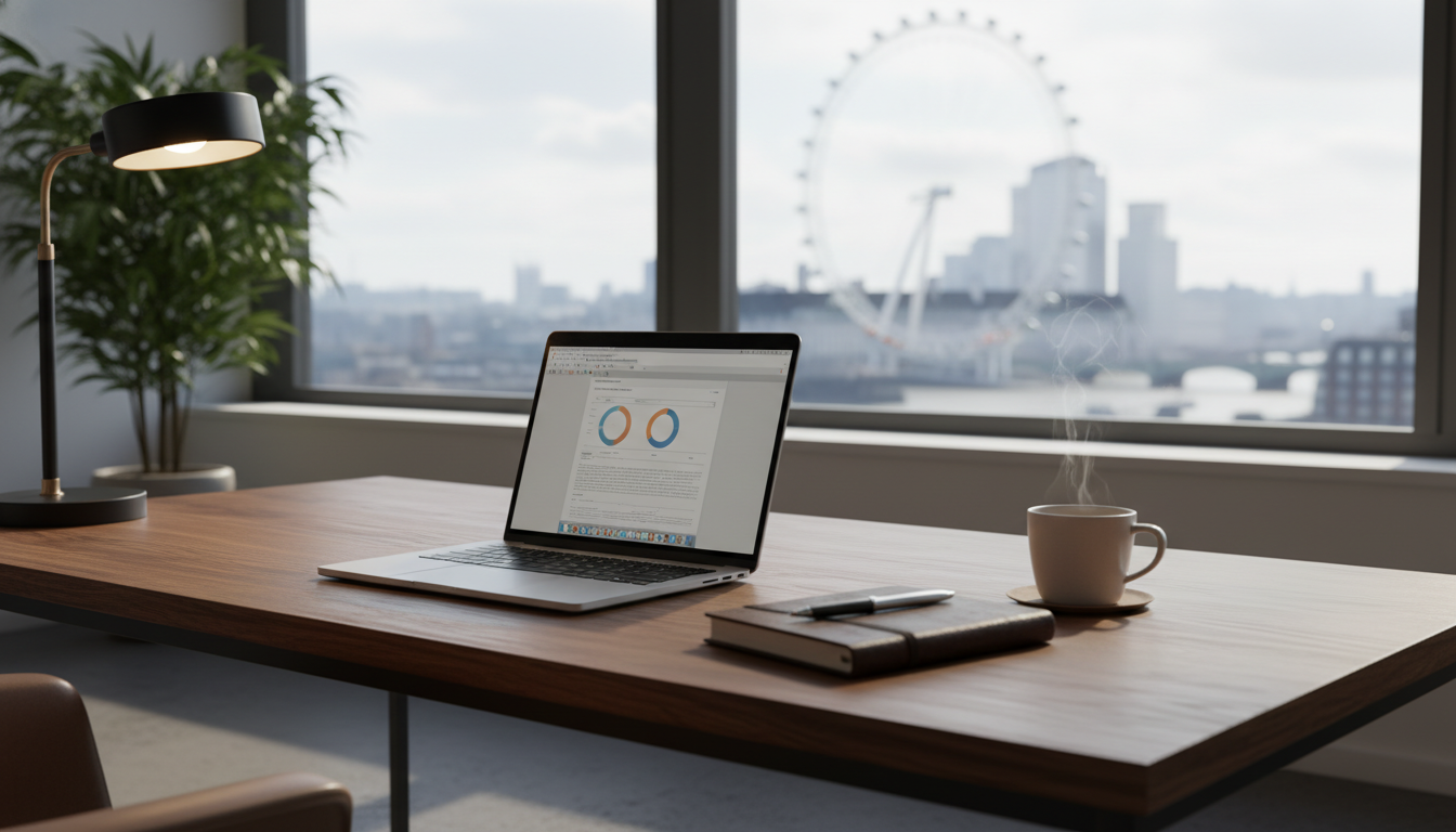 A professional wooden desk in a bright London office featuring a sleek laptop, a leather-bound notebook, and a ceramic mug of tea, with a blurred view of the London Eye through a large window in the background, cinematic lighting, high resolution.
