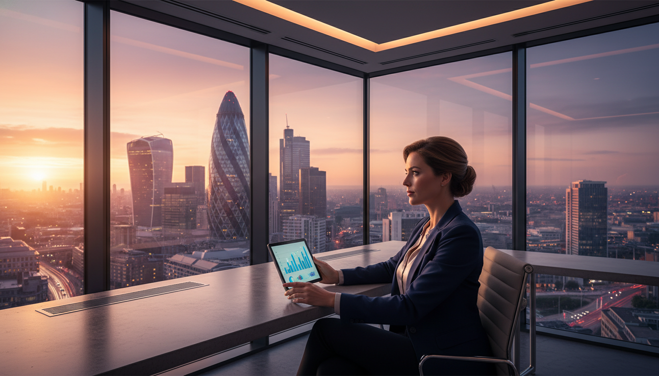 A professional expat entrepreneur sitting in a modern glass-walled office in London, looking out at the Gherkin and the City skyline, holding a tablet with business charts, photorealistic, cinematic lighting, high resolution.