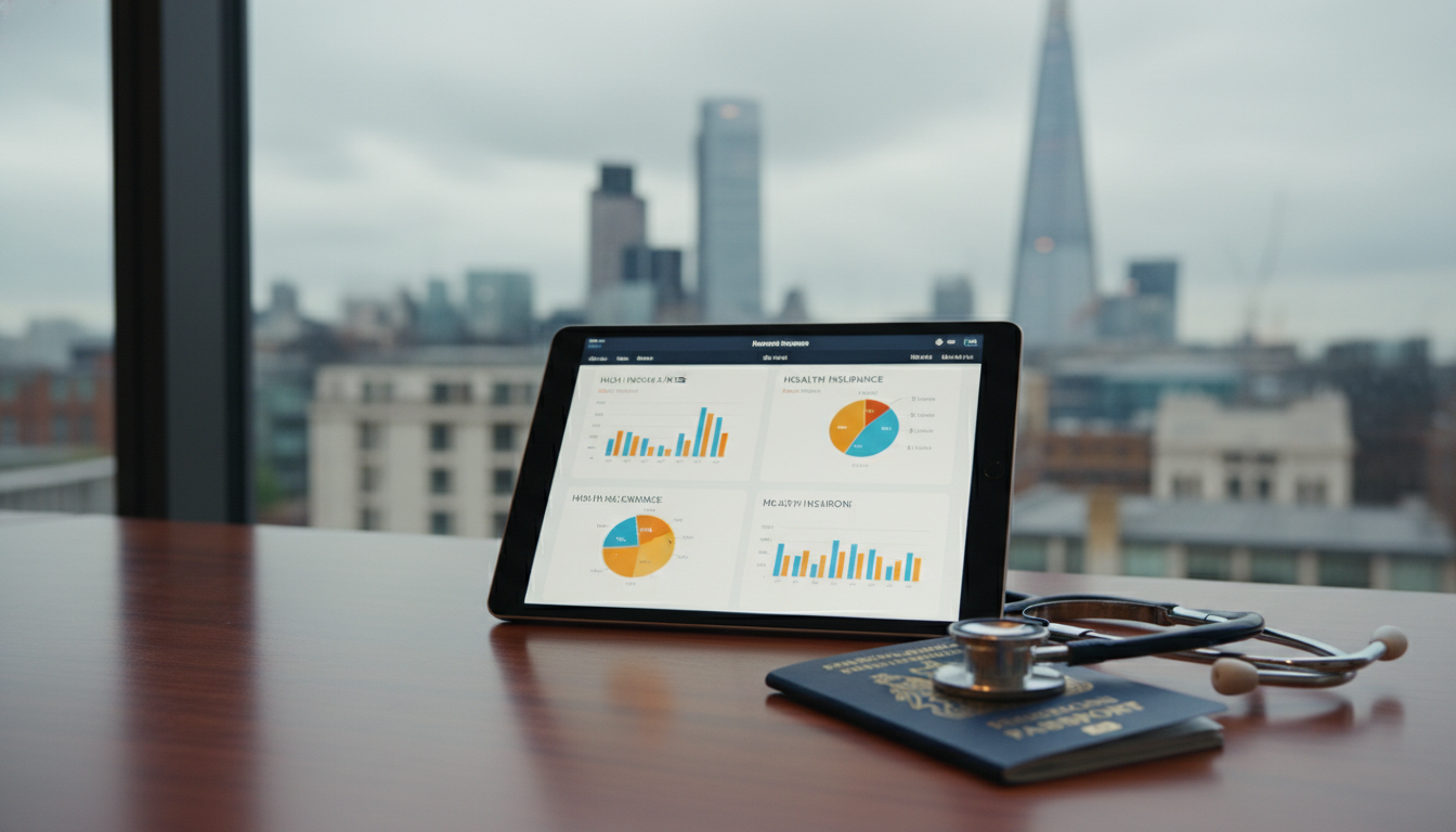 A high-resolution, professional photograph of a digital tablet showing health insurance comparison charts, placed on a wooden desk next to a British passport and a stethoscope, with a blurry view of the London skyline through a window.