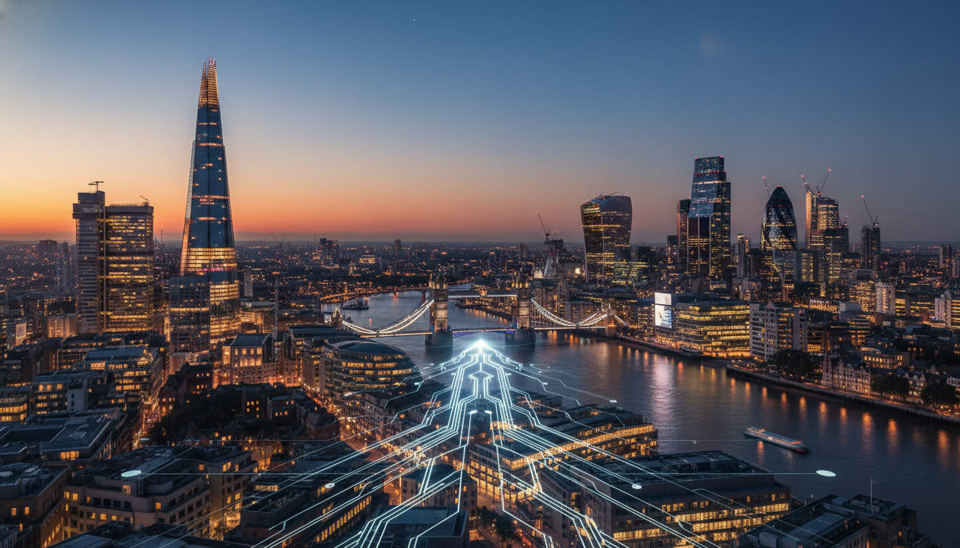 A cinematic wide-angle view of the London skyline featuring the Shard and Canary Wharf at dusk, with the lights of the city reflecting off the River Thames, symbolizing financial growth and urban development.